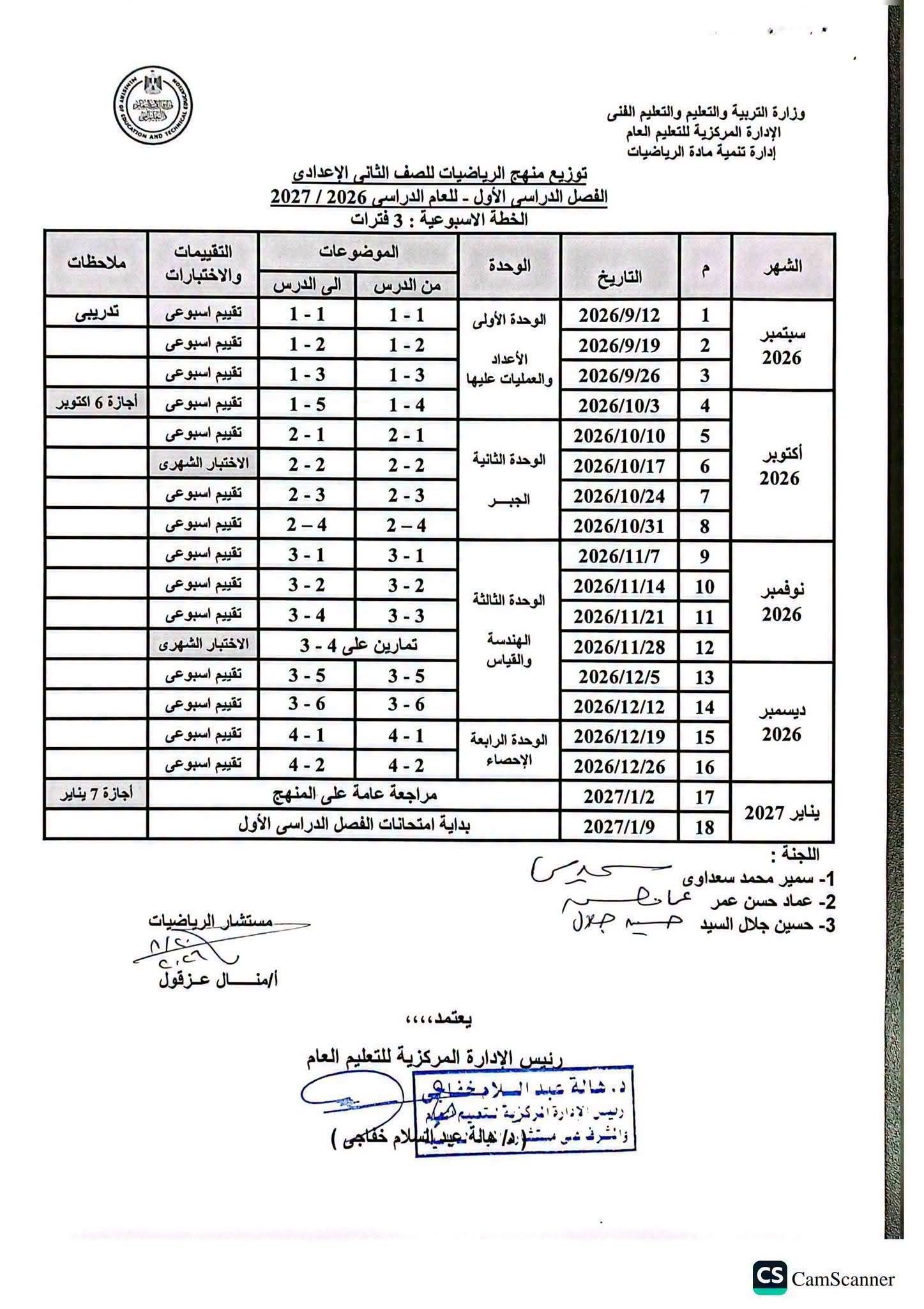 توزيع منهج الرياضيات للصف الثاني الإعدادي الترم ال توزيع منهج الرياضيات للصف الثاني الإعدادي الترم ال